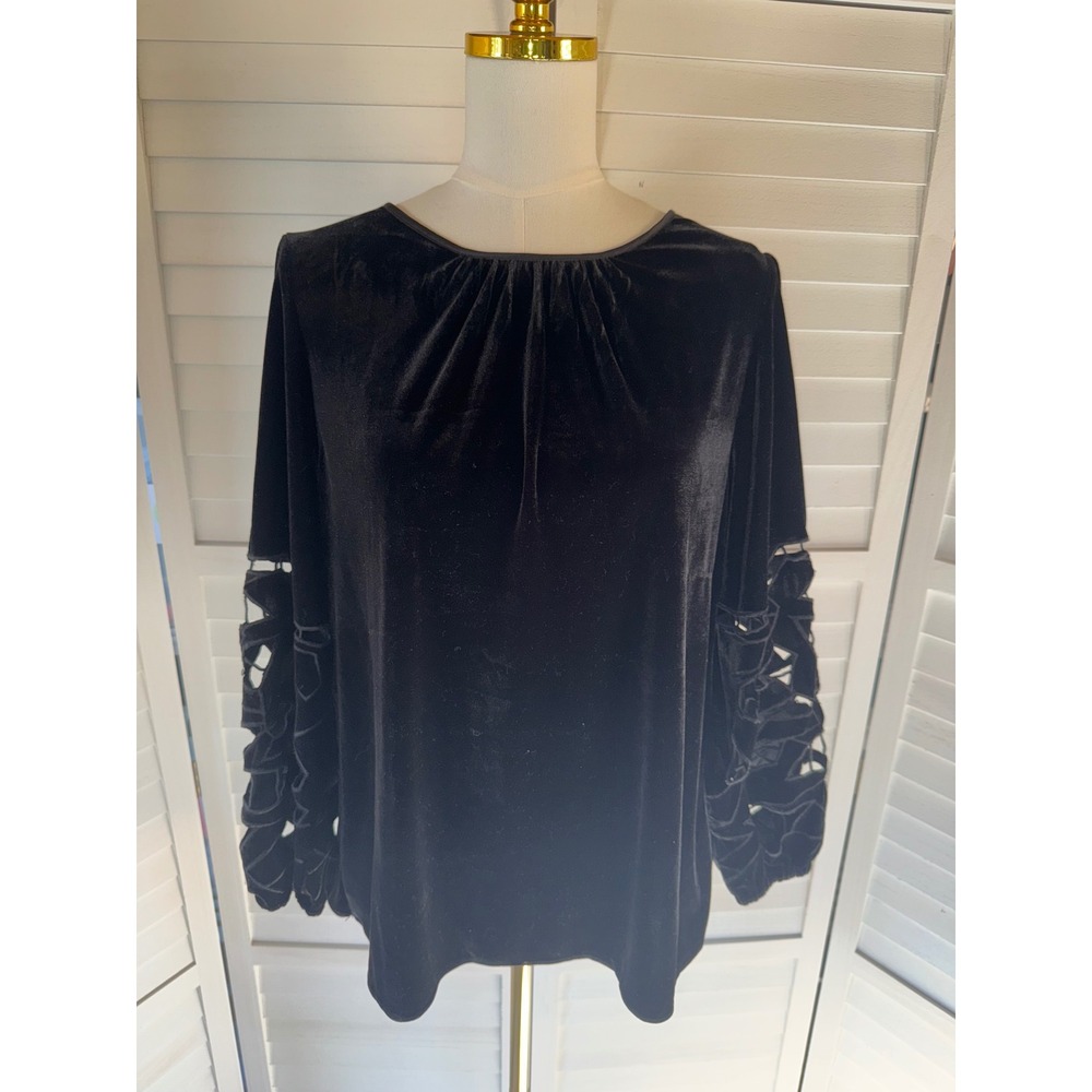 Joie Velvet Blouse Women Black Cut-out Lattice Sleeve Round Neck XL - Picture 2 of 8